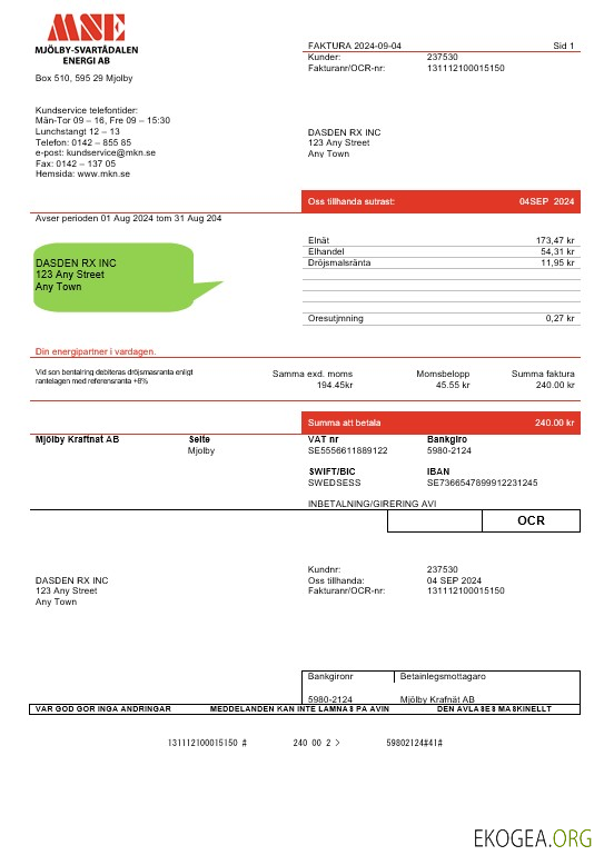 Suède Mjölby Kraftnat AB Modèle de facture de services publics aux formats Word et PDF